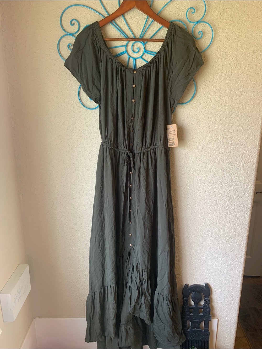 Olive Green Button-Front Maxi Dress by Just Found